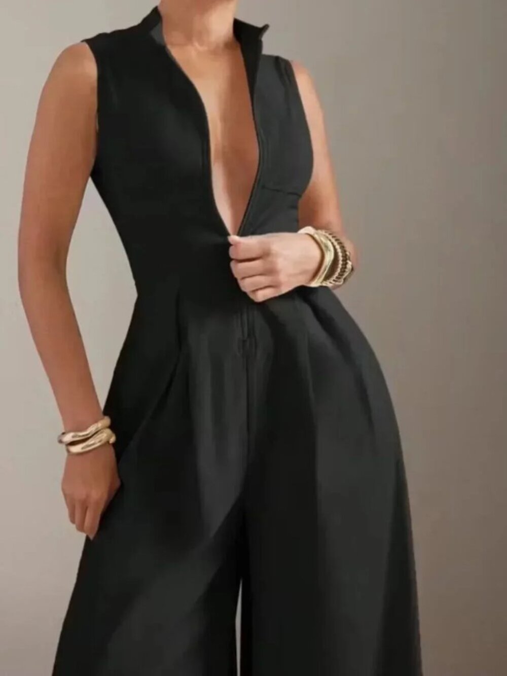 Wide Leg Sleeveless Zip Up Jumpsuit Black - Picture 5 of 5